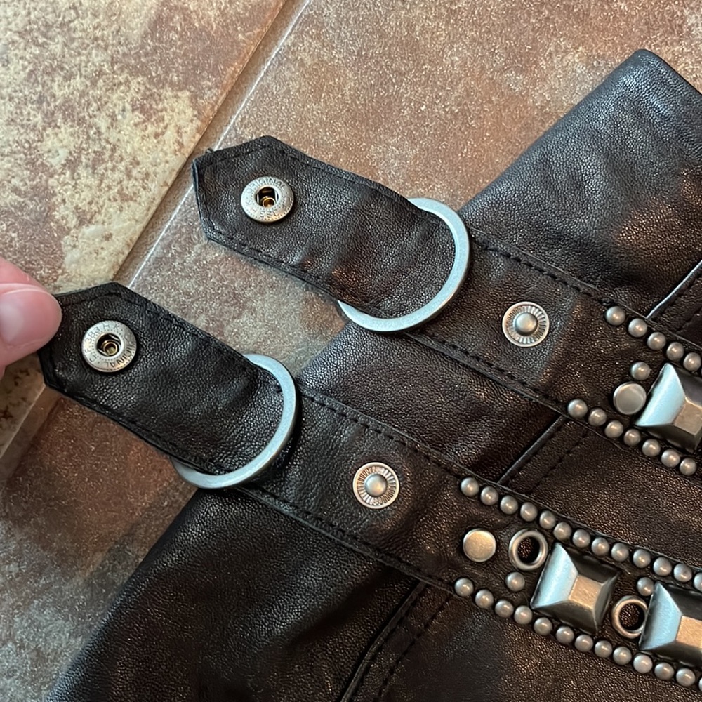 Designer Black cuir leather mini skirt zip front stud belt Nanette Lenore sz 6🔥 - Picture 5 of 13